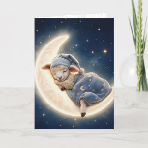 Tarjeta Corderito durmiendo en una luna creciente