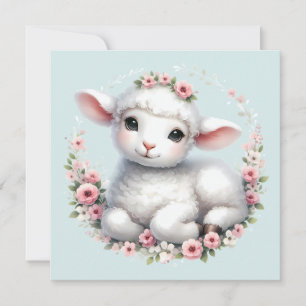 Tarjeta Corderito lindo con ilustración de corona floral