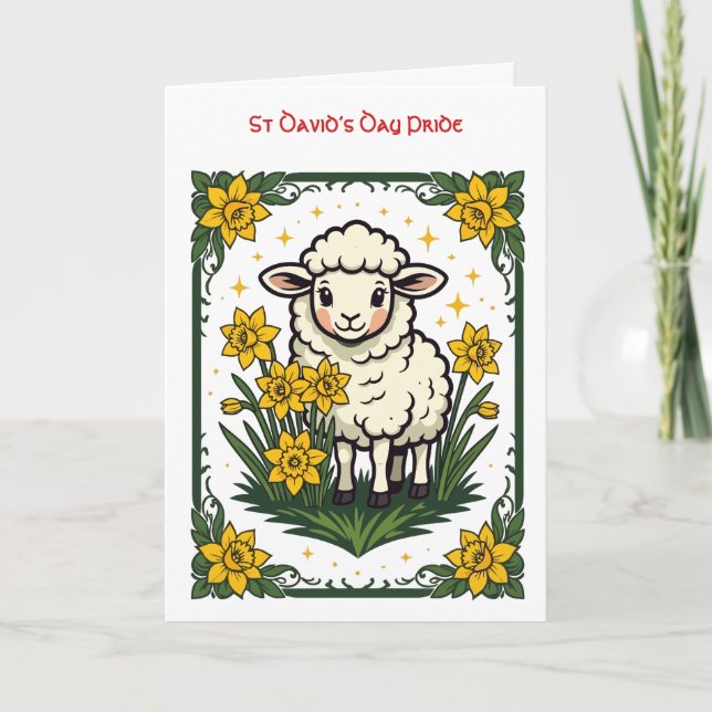 Tarjeta Corderito rodeado de narcisos amarillos (Anverso)