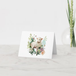 Tarjeta Cordero acuarela con correa de flores en BLANCO