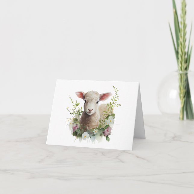 Tarjeta Cordero acuático para bebés con flores en blanco (Anverso)