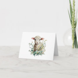 Tarjeta Cordero bebé adorable con flores en blanco