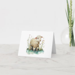 Tarjeta Cordero bebé con agua y flores en BLANCO