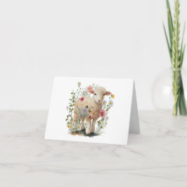 Tarjeta Cordero bebé en campo de flores en BLANCO