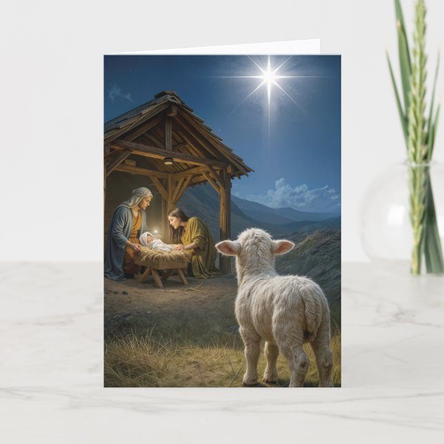 Tarjeta Cordero de Navidad observando el Belén (Anverso)