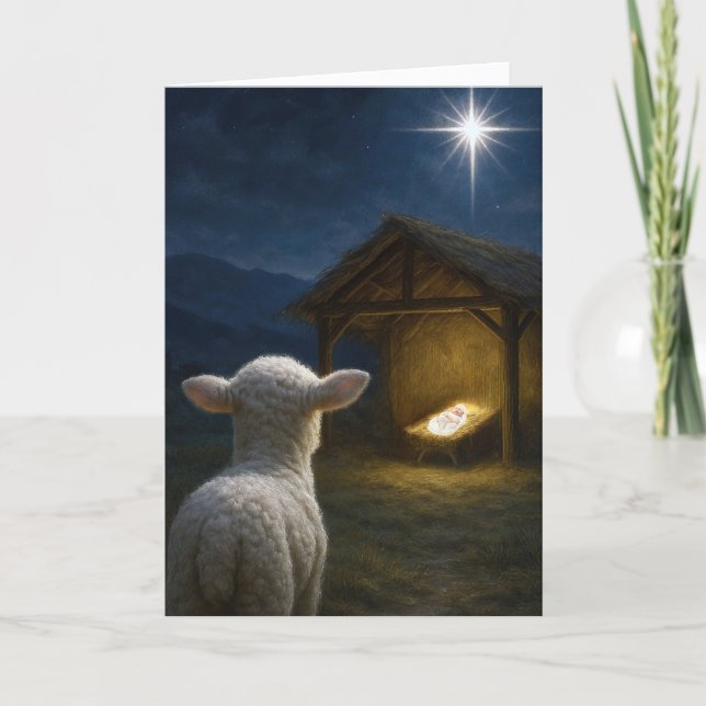 Tarjeta Cordero de Navidad vigilando al Niño Jesús (Anverso)