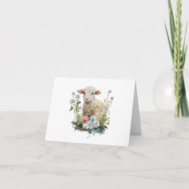Tarjeta Cordero dulce para bebés con flores en blanco