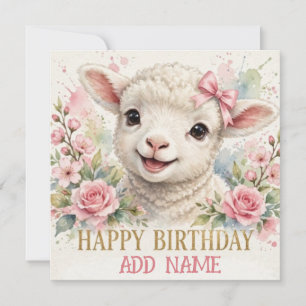Tarjeta Cordero hembra: animalito con lazo y flores pastel