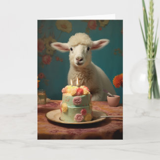 Tarjeta Cordero / oveja con un pastel de cumpleaños