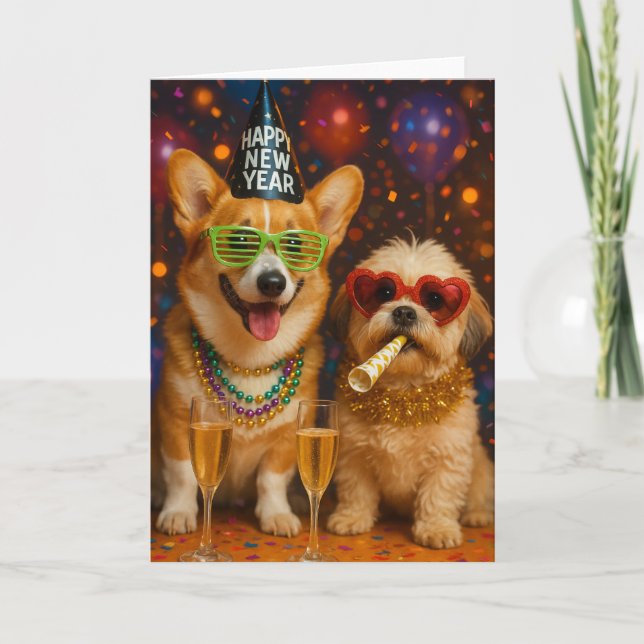 Tarjeta Corgi and Shitzu Pups Celebrating New Years Card (Anverso)