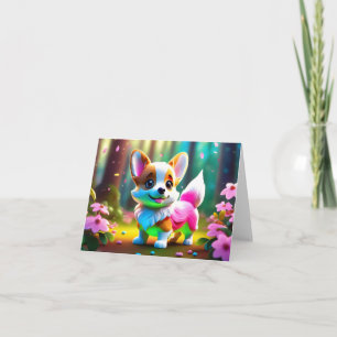 Tarjeta Corgi arcoiris en flores saludo en blanco