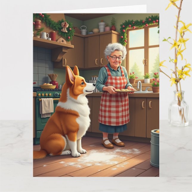 Tarjeta Corgi Baking with Grandma Christmas Painting (flor amarilla)