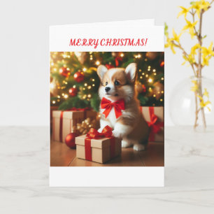 Tarjeta Corgi cachorro cerca del árbol de Navidad.