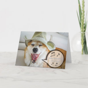 Tarjeta Corgi cantando feliz cumpleaños