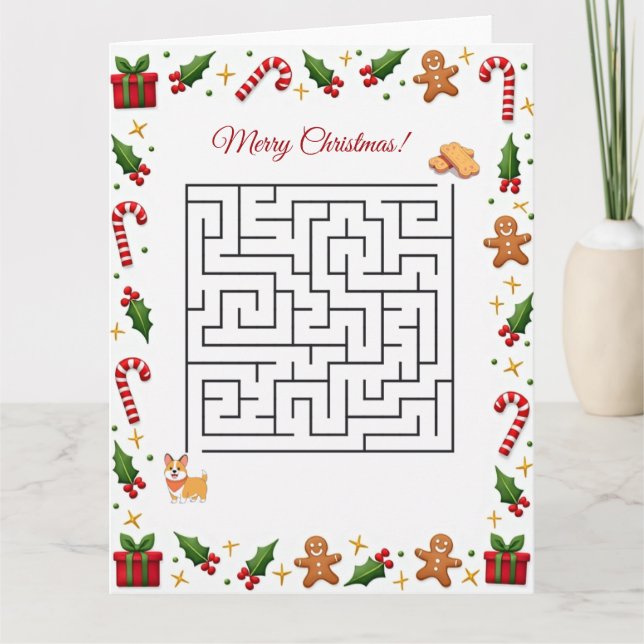 Tarjeta Corgi Christmas Maze Puzzle Holiday (Anverso)