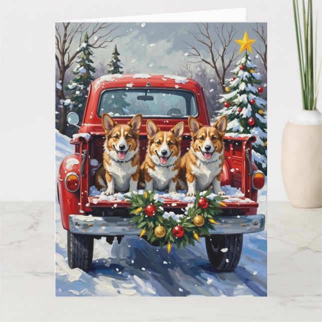 Tarjeta Corgi Christmas Red Truck Holiday (Anverso)