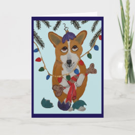 Tarjeta Corgi con adornos de Navidad rotos