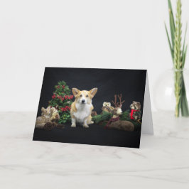 Tarjeta Corgi con amigos del bosque de Navidad