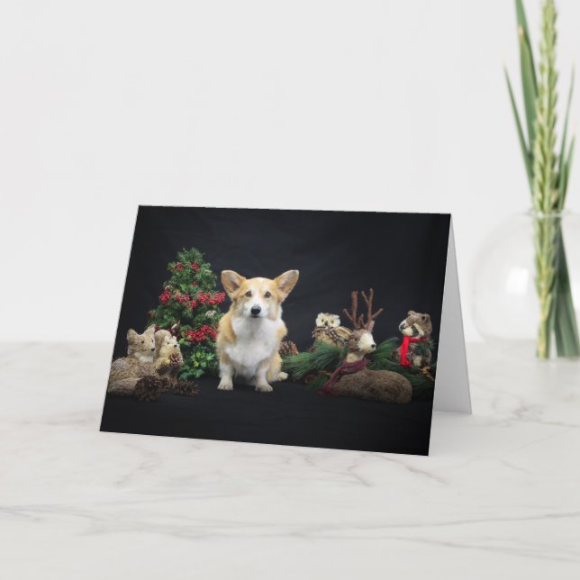 Tarjeta Corgi con amigos del bosque de Navidad (Anverso)