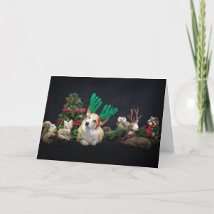 Tarjeta Corgi con cuernos y amigos del bosque Navidad