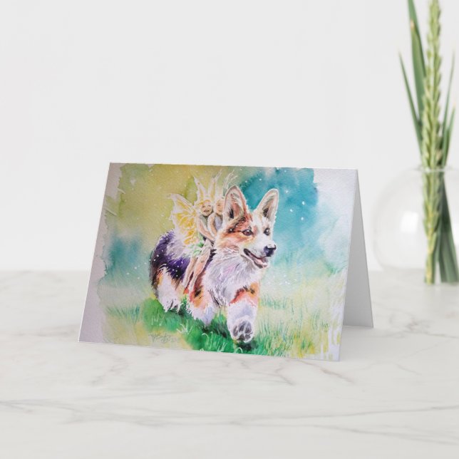 Tarjeta Corgi con la acuarela de las hadas (Anverso)