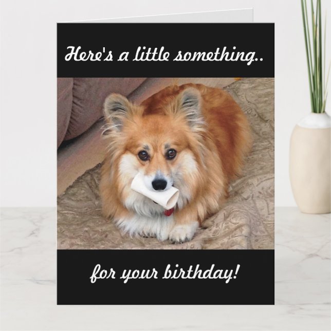 Tarjeta Corgi de cumpleaños divertida con hueso (Anverso)