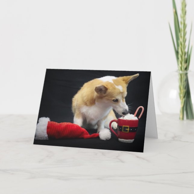 Tarjeta Corgi de Navidad comiendo crema batida (Anverso)