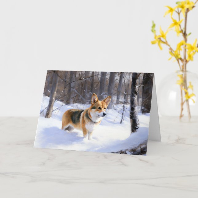 Tarjeta Corgi Deja que nieve Navidad (flor amarilla)