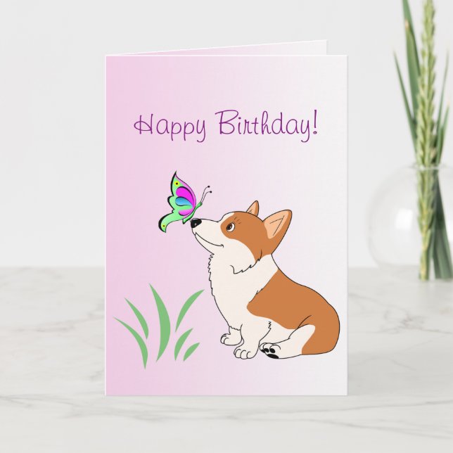 Tarjeta Corgi del feliz cumpleaños con la mariposa (Anverso)