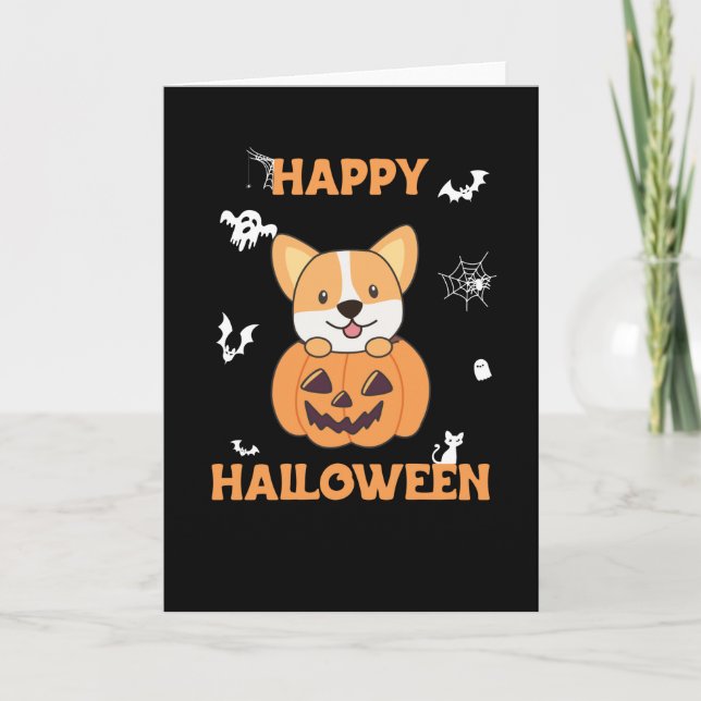 Tarjeta Corgi En Calabaza Perros Lindos Feliz Halloween (Anverso)