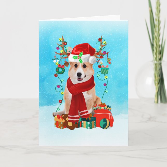 Tarjeta Corgi en la nieve con regalos de Navidad (Anverso)