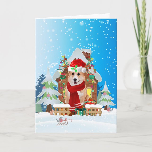 Tarjeta Corgi en la nieve con regalos de Navidades (Anverso)