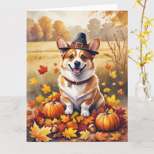 Tarjeta Corgi En Otoño Deja El Arte De Acción De Gracias (flor amarilla)