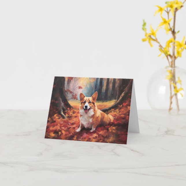 Tarjeta Corgi en otoño se inspira en las hojas (flor amarilla)