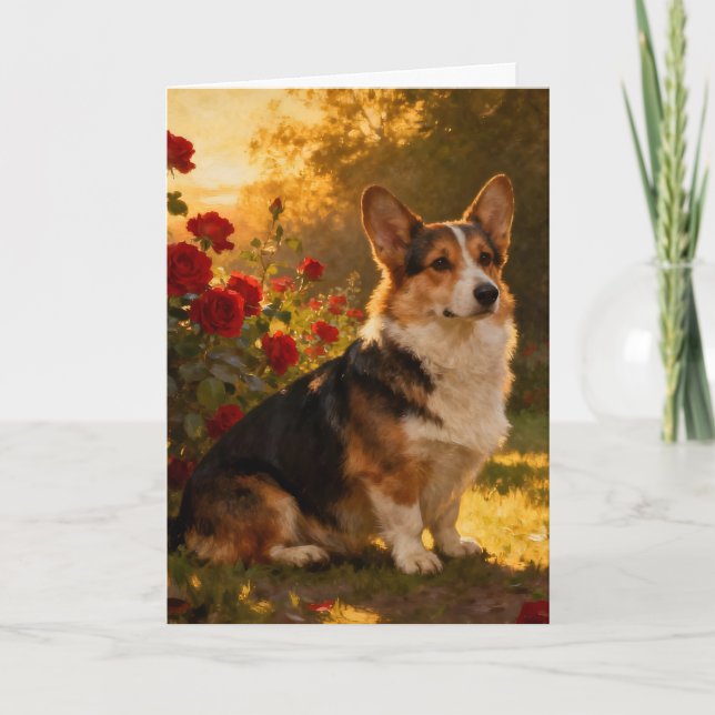 Tarjeta Corgi entre las Rosas I Blanco (Anverso)
