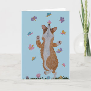 Tarjeta Corgi galés bailando con mariposas