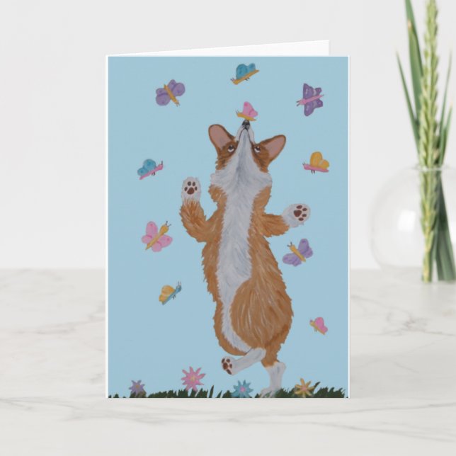 Tarjeta Corgi galés bailando con mariposas (Anverso)