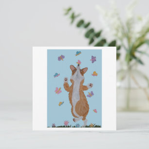 Tarjeta Corgi galés bailando con mariposas