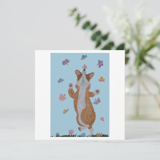 Tarjeta Corgi galés bailando con mariposas (Anverso de pie)