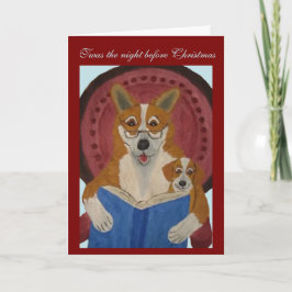 Tarjeta Corgi leyendo la historia de Navidad a cachorro