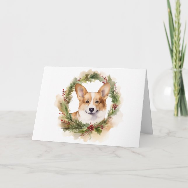 Tarjeta Corgi Navidades Wreath Festive Pup (Anverso)