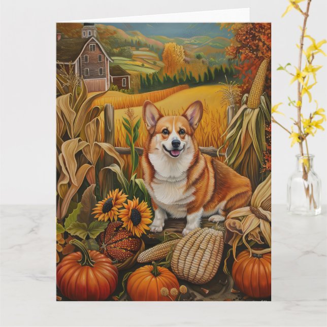 Tarjeta Corgi Perro Cosecha de Otoño Día de Acción de Grac (flor amarilla)