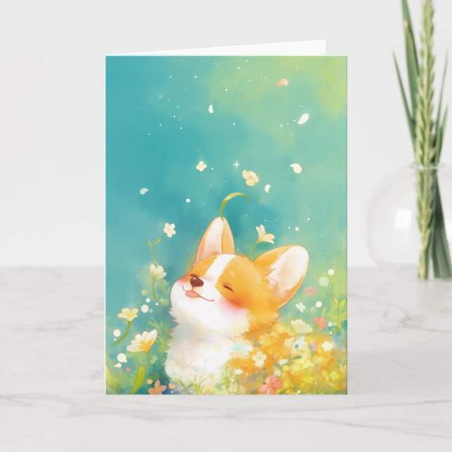 Tarjeta Corgi Soñador Rodeado de Flores (Anverso)