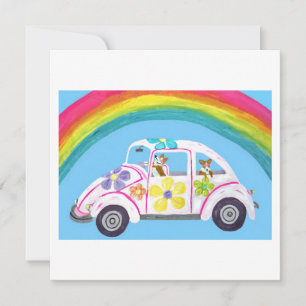 Tarjeta Corgis en coche hippie en la playa con un arcoíris