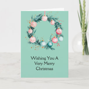 Tarjeta Corona de adornos de Navidad rosa menta