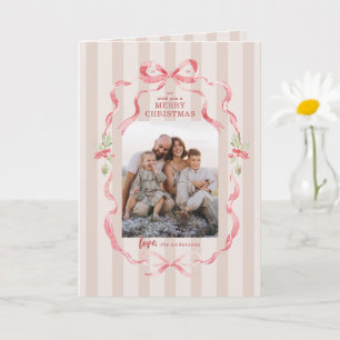 Tarjeta Corona de lazo coquette con franjas rosas y follaj