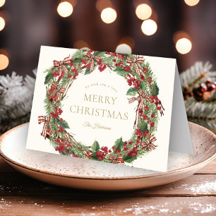 Tarjeta Corona de Navidad con lazo de gingham Foto