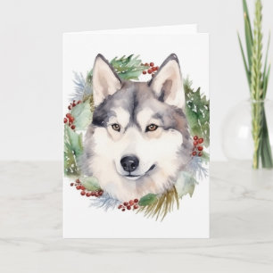 Tarjeta Corona de Navidad de Husky Siberiano Perro Festivo