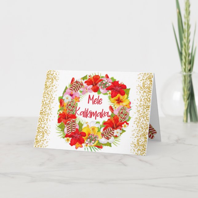 Tarjeta  Corona de Navidad Mele Kalikimaka Hawaiana  (Anverso)