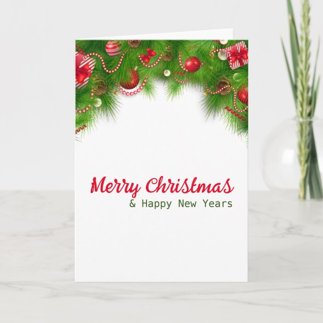 Tarjeta  Corona de Navidad y bombillas rojas, y regalos (Anverso)